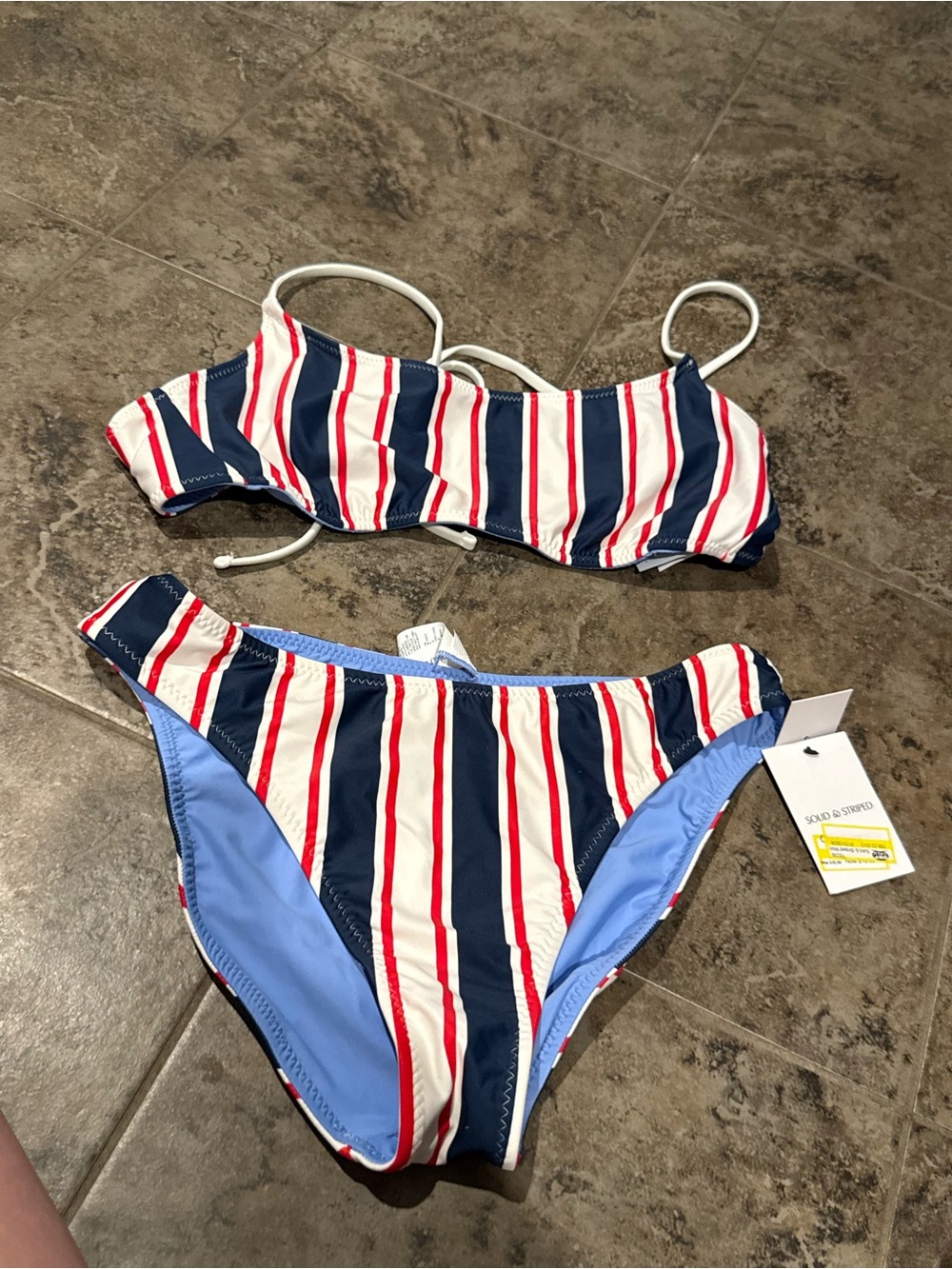🫑Solid and Striped Reversible Bikini Set in Navy, White & Red one piece M one L